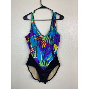 Vintage Slimsuit Womens One Piece Swimsuit Size 12 Retro Multicolor Print Nylon/